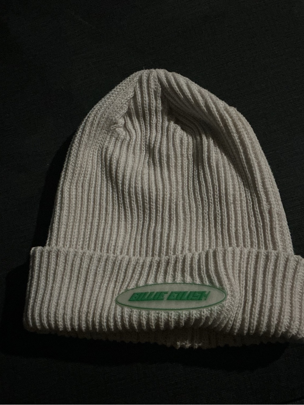 H&M White Ribbed Beanie with Green Logo Patch